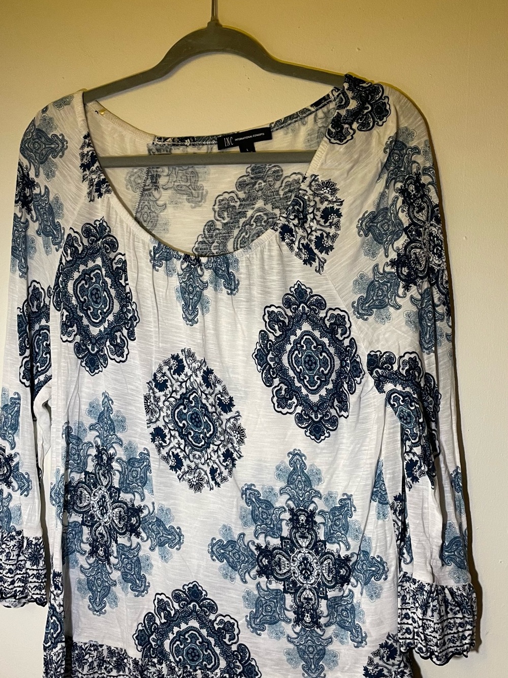 INC International Concepts White Scoop Neck Tunic with Blue Medallion Print